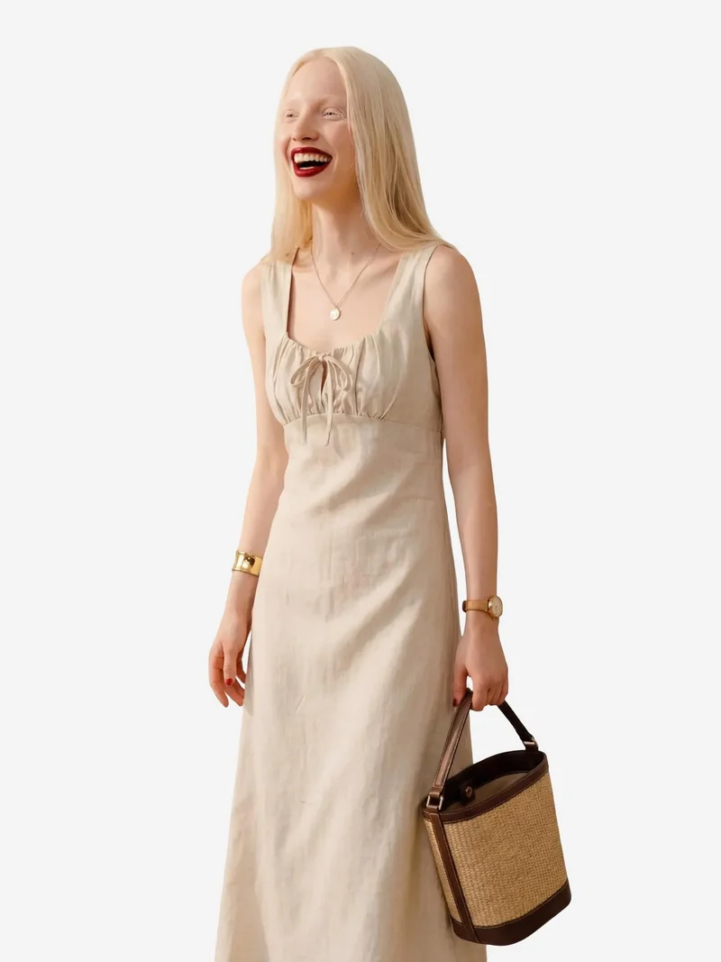 MY FASHION Beige Natural MY FASHION Midi Linen Dress with Tie Detail for Women | Best Price UAE